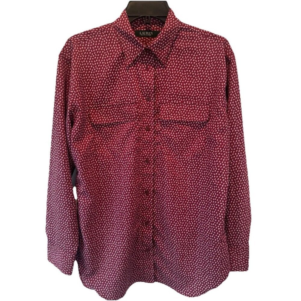 Lauren Ralph Lauren Womens Burgundy Cream Fleck Botton Up Top M Classic Designer